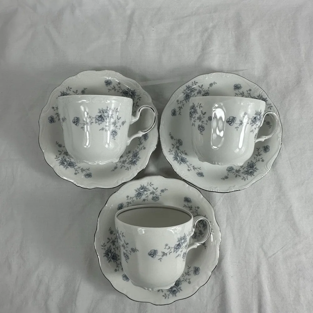 3 Johann Haviland Blue Garland Tea Sets 3 Cups & 3 Saucers Bavaria Germany